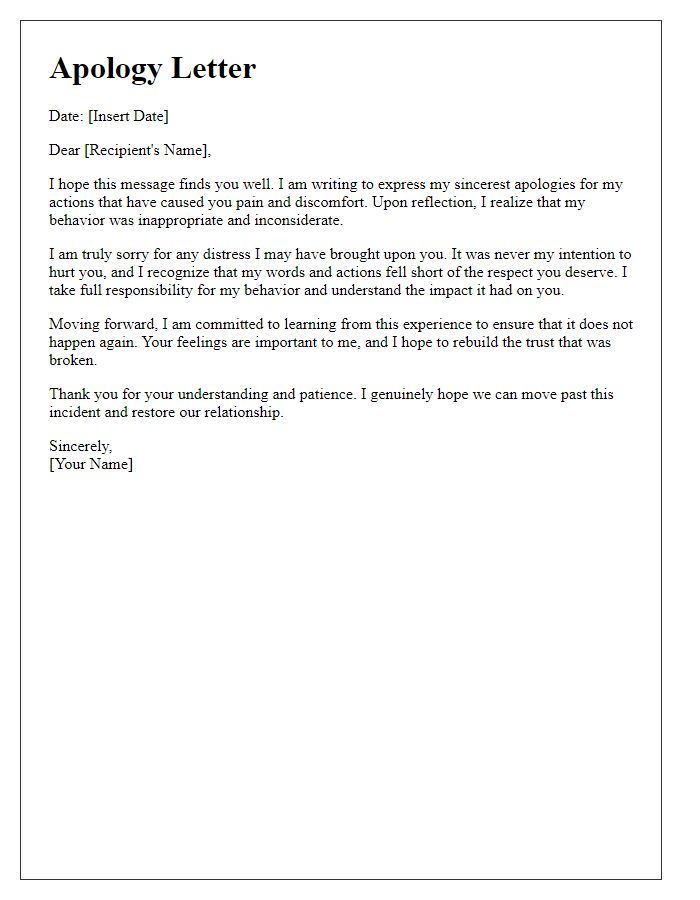 Letter template of contrite acknowledgment for offending someone