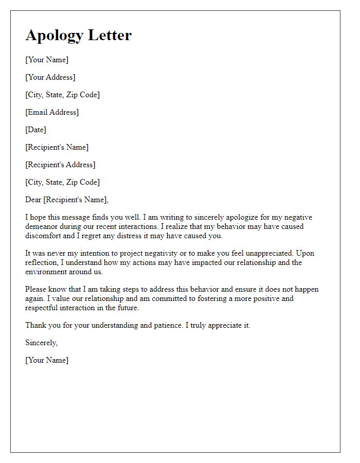 Letter template of humble apology for negative demeanor