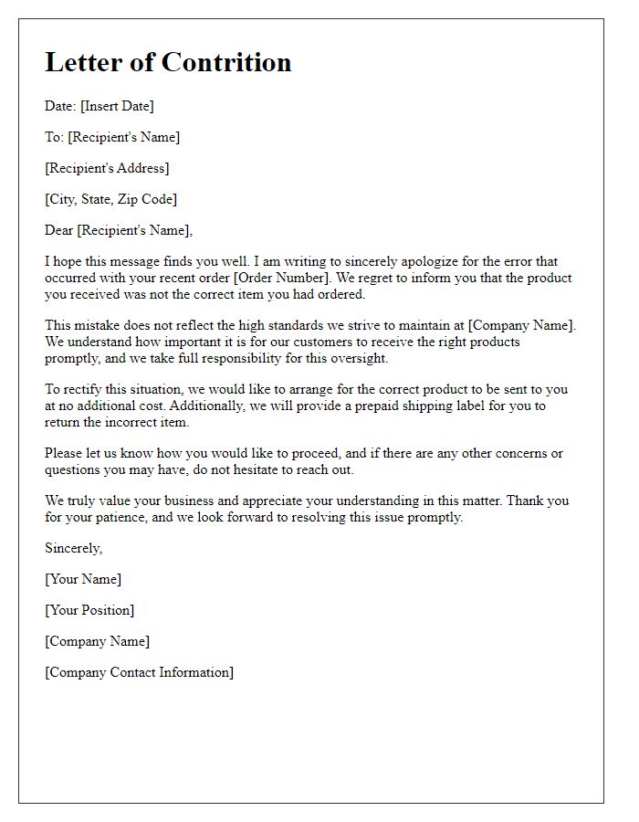 Letter template of contrition for sending wrong product