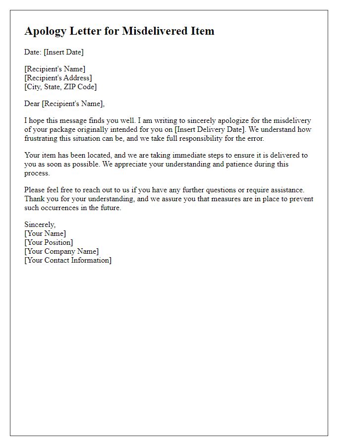 Letter template of courteous apology for misdelivered item