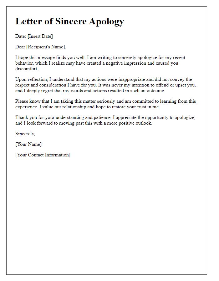 Letter template of sincere apology for creating a negative impression.