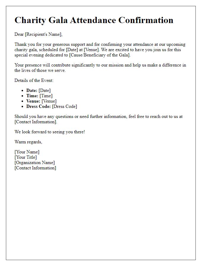 Letter template of confirmation for charity gala attendance