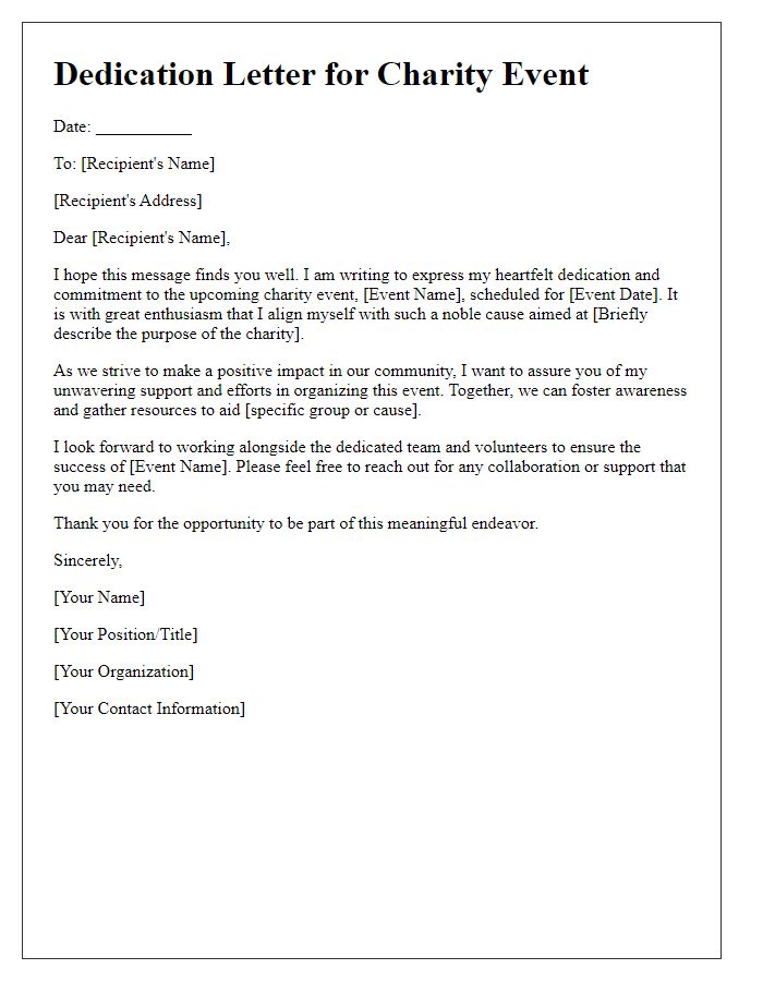 Letter template of dedication to charity event organizing