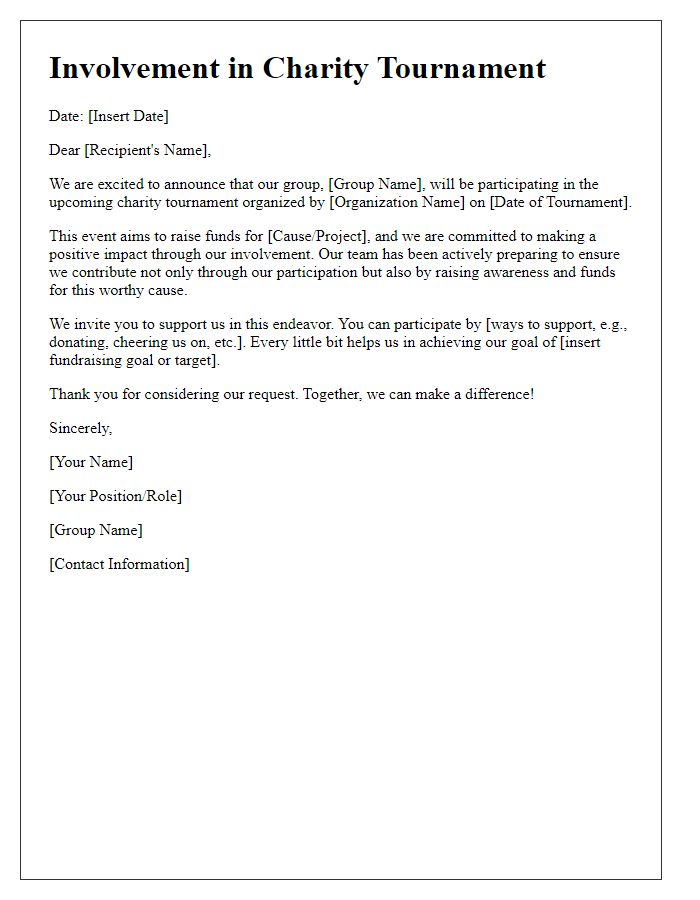 Letter template of group involvement in a charity tournament