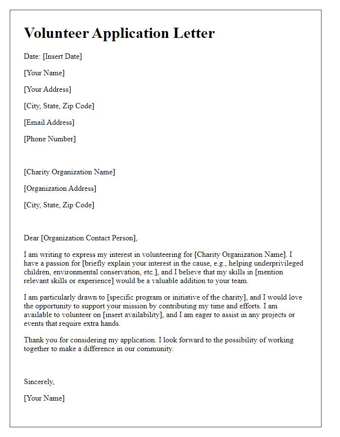 Letter template of volunteering for a charitable cause