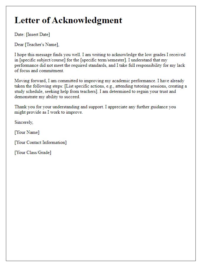 Letter template of acknowledgment for low grades and commitment to improvement.