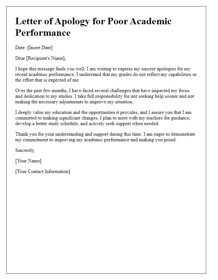 Letter template of sincere apology for poor academic performance.