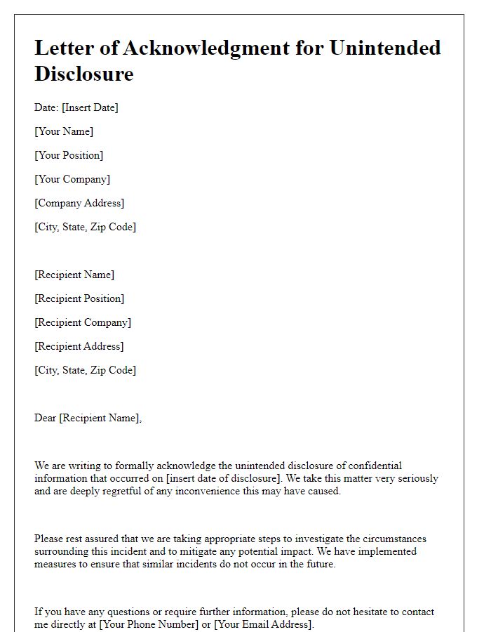 Letter template of acknowledgment for unintended disclosure