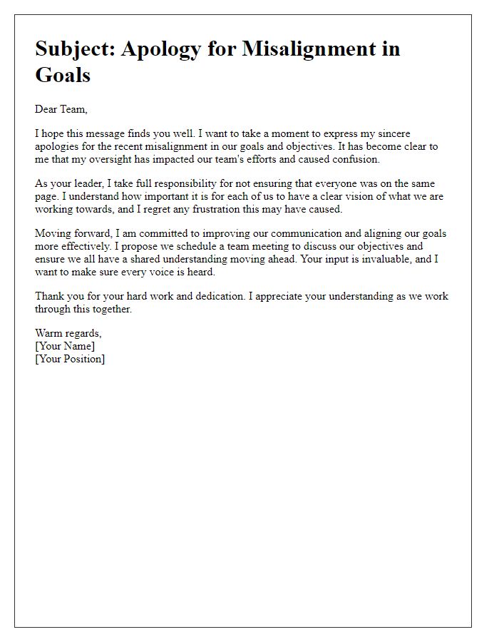 Letter template of constructive apology to team for misalignment in goals.