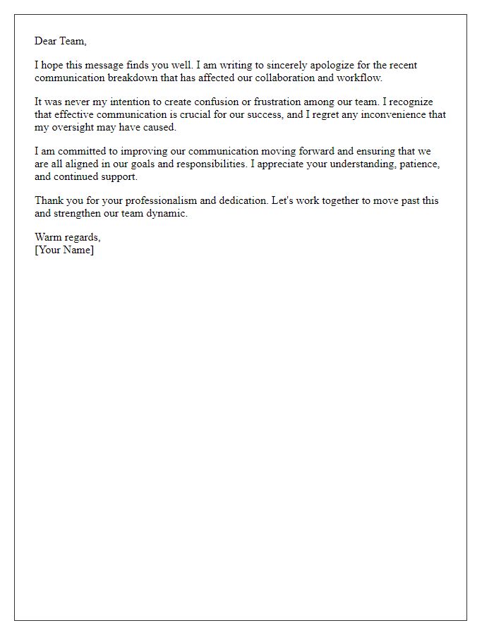 Letter template of heartfelt apology to colleagues for communication breakdown.