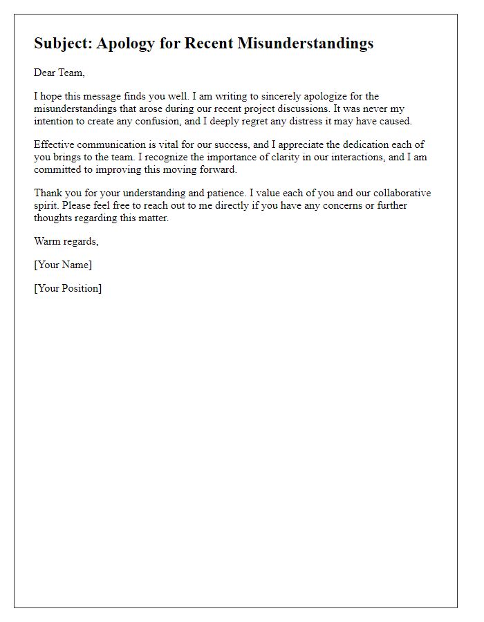 Letter template of respectful apology to team members for misunderstandings.