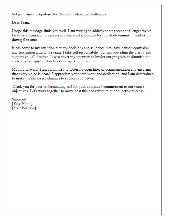 Letter template of transparent apology to coworkers for poor leadership.