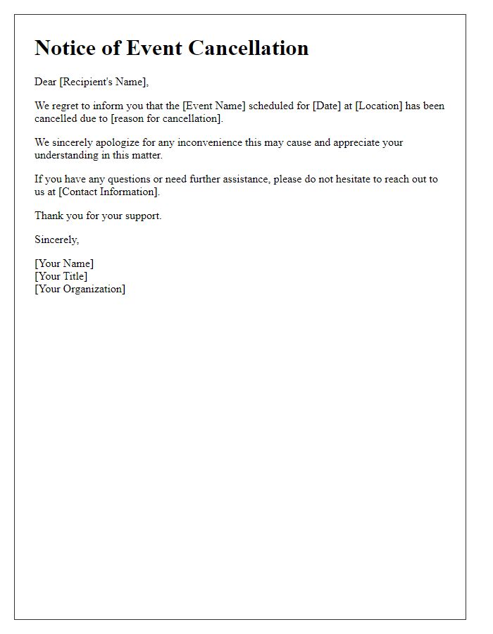 Letter template of notification for event cancellation.