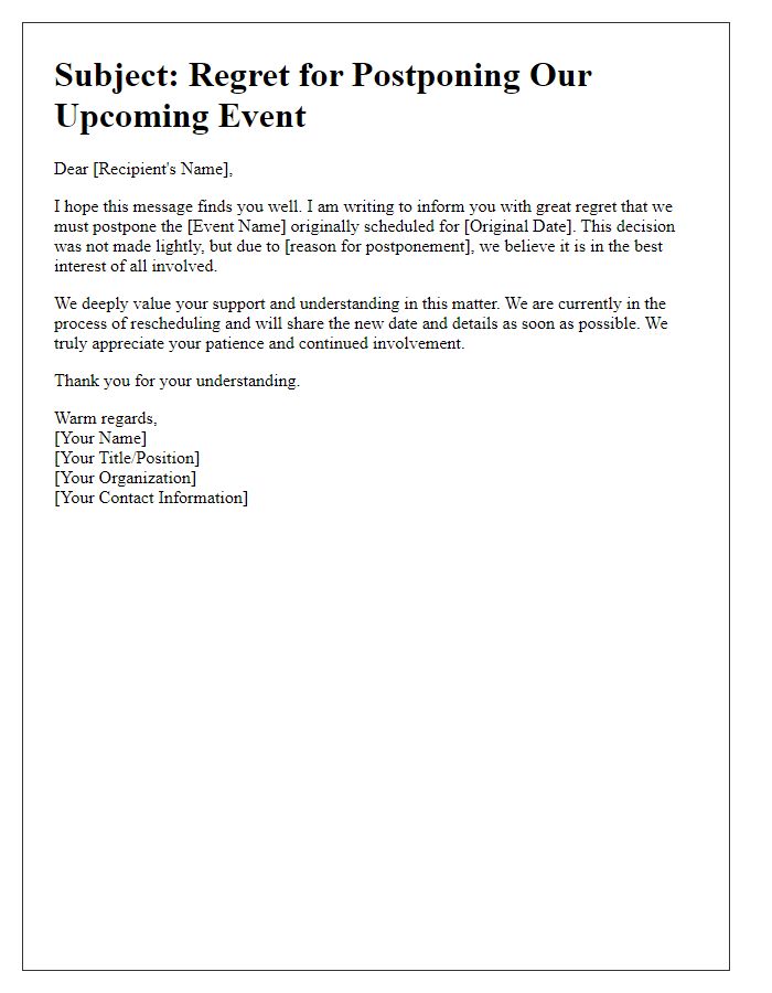 Letter template of regret for postponing an event.