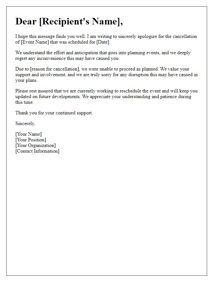 Letter template of sincere apology for canceled event.