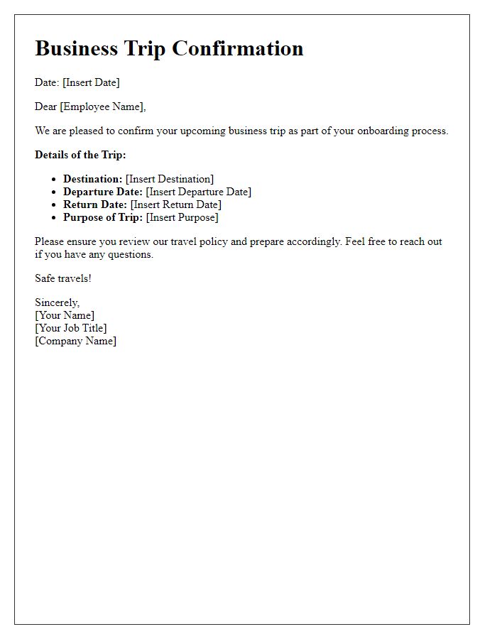 Letter template of business trip confirmation for employee onboarding.