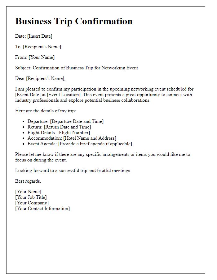 Letter template of business trip confirmation for networking event.