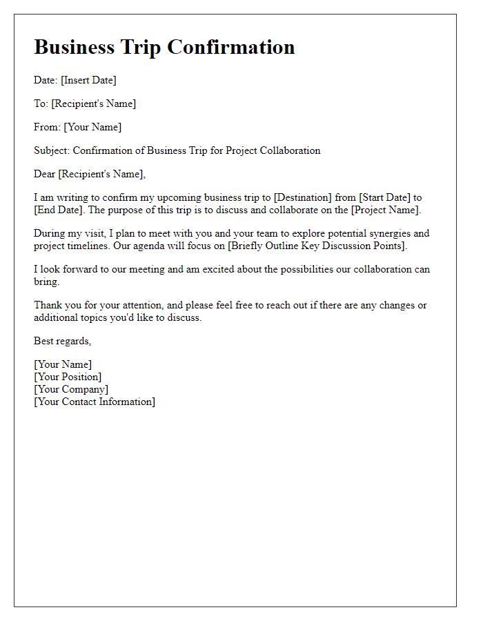 Letter template of business trip confirmation for project collaboration.