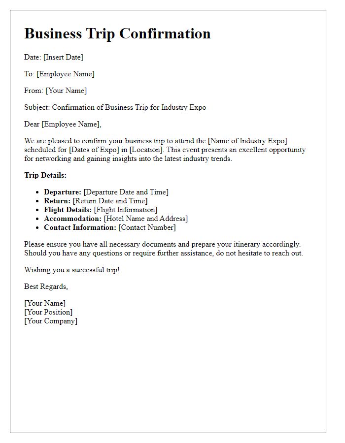 Letter template of business trip confirmation regarding industry expo.