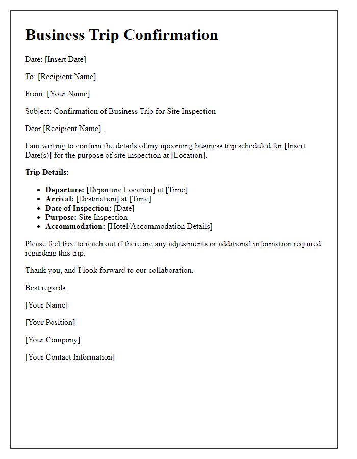 Letter template of business trip confirmation for site inspection.