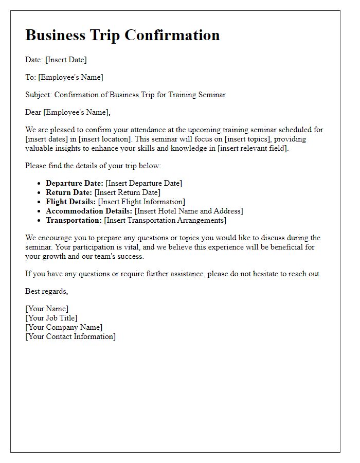 Letter template of business trip confirmation for training seminar.