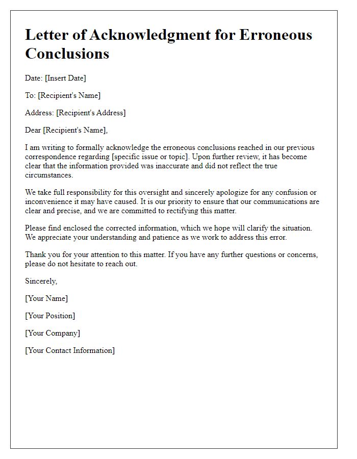 Letter template of acknowledgment for erroneous conclusions