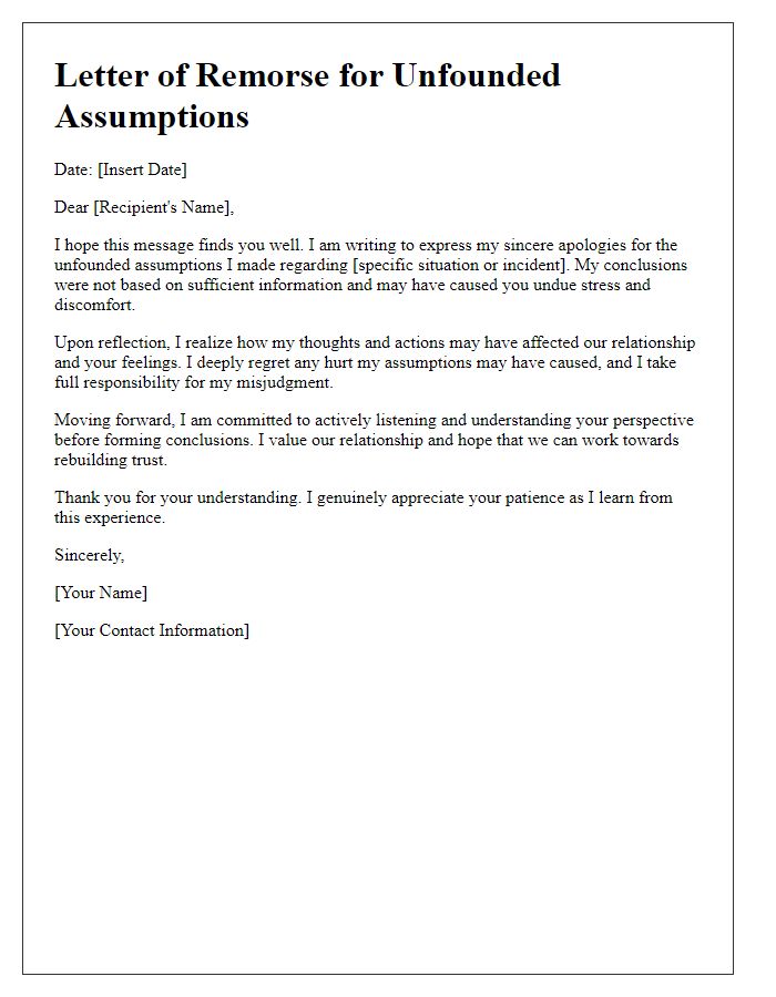 Letter template of remorse for unfounded assumptions