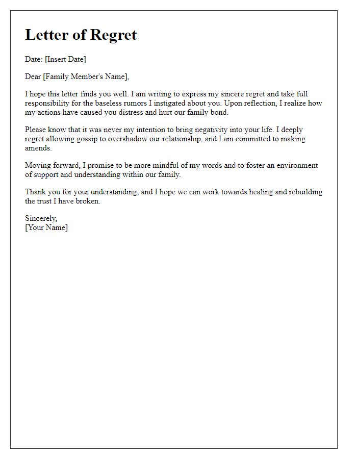 Letter template of regret for instigating baseless rumors about a family member.