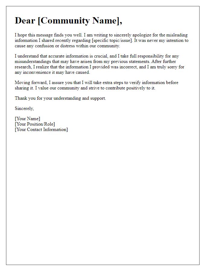 Letter template of sincere apology for misleading information shared in the community.