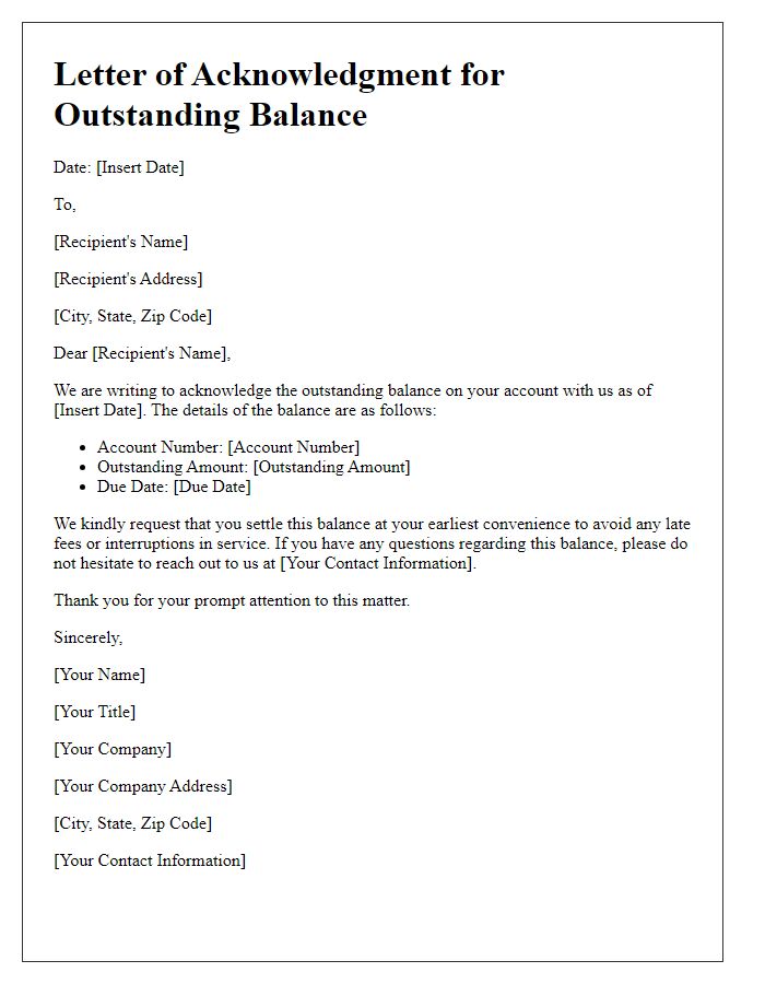 Letter template of acknowledgment for outstanding balance