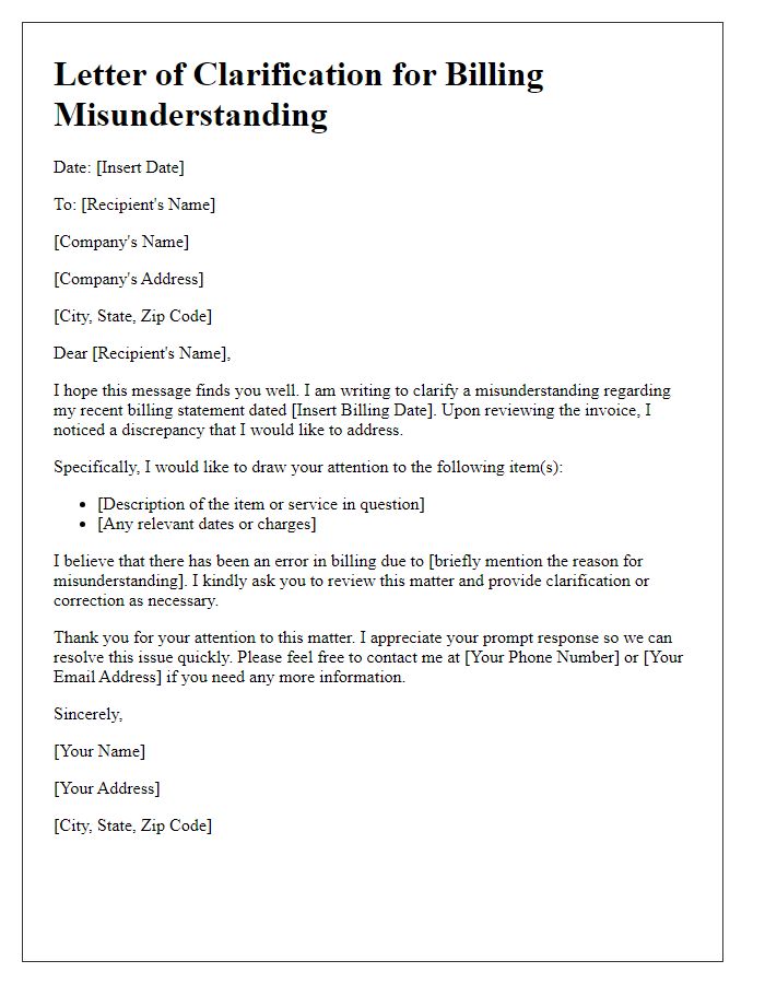 Letter template of clarification for billing misunderstanding