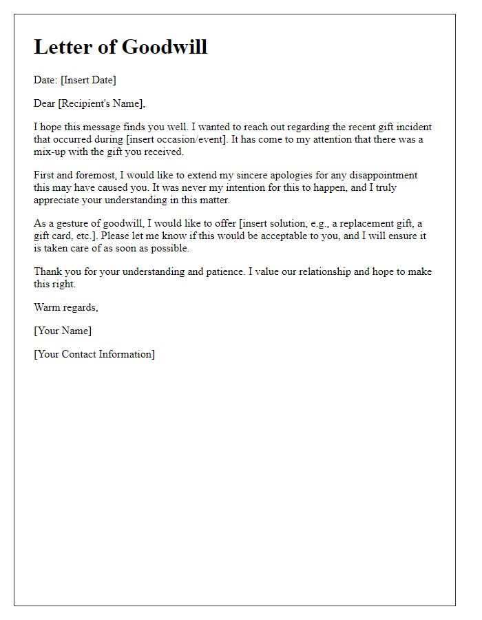 Letter template of goodwill in addressing gift mishaps