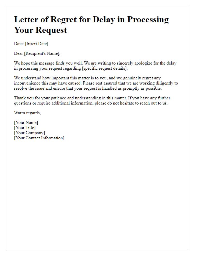 Letter template of regret for the delay in processing your request