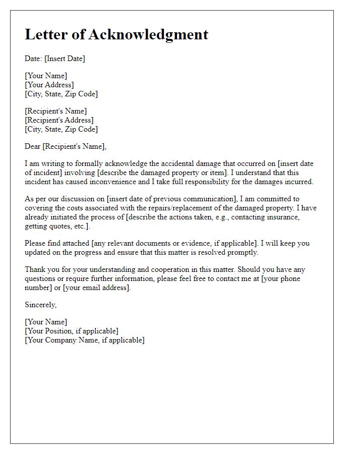 Letter template of acknowledgment for accidental damage liability.