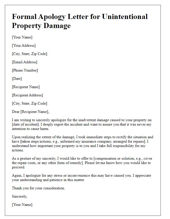 Letter template of formal apology for unintentional property damage.