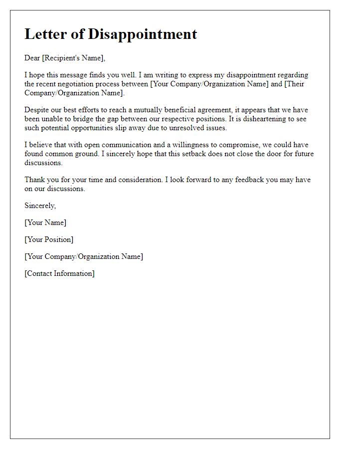 Letter template of disappointment in the failed negotiation process.