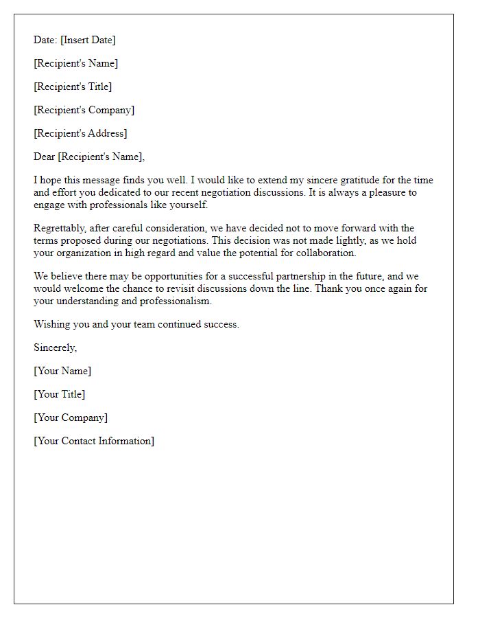 Letter template of regret regarding the outcome of our negotiation discussions.