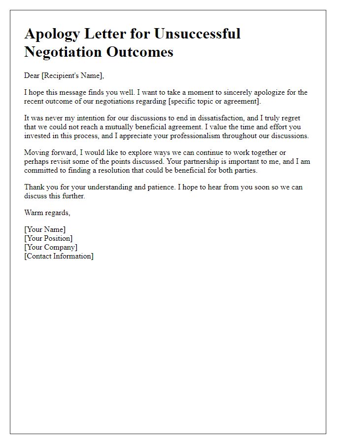 Letter template of sincere apology for unsuccessful negotiation outcomes.