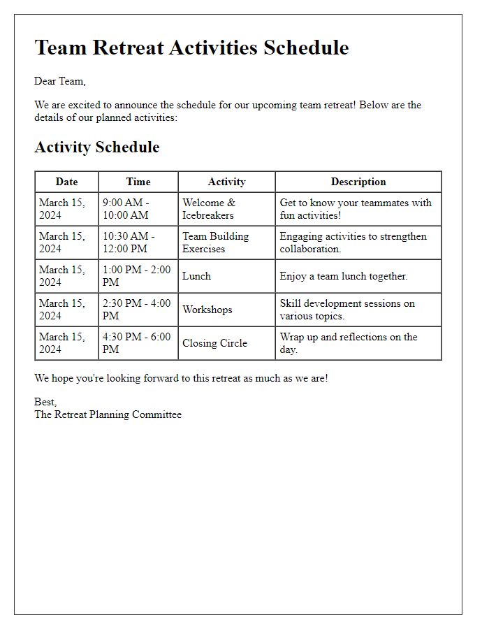 Letter template of team retreat activities schedule