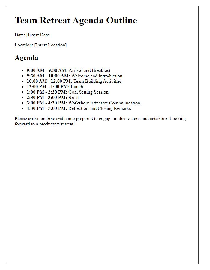 Letter template of team retreat agenda outline