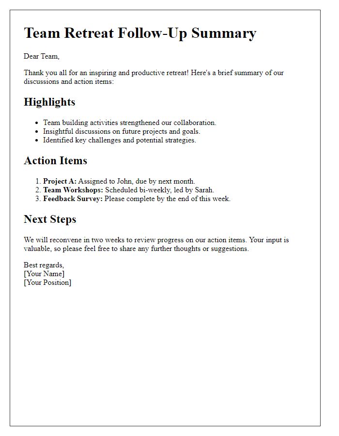 Letter template of team retreat follow-up summary