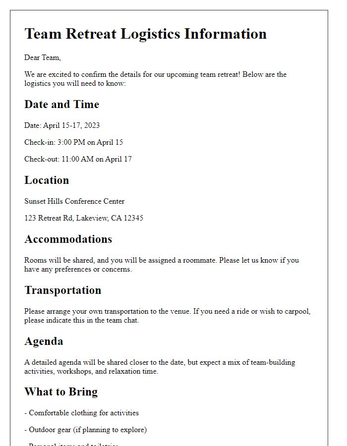 Letter template of team retreat logistics information