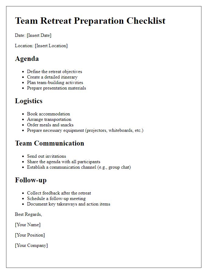 Letter template of team retreat preparation checklist