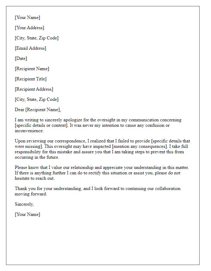 Letter template of apology for oversight in communication details.