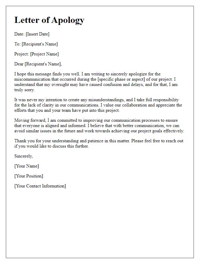 Letter template of sincere apology for miscommunication in the project.