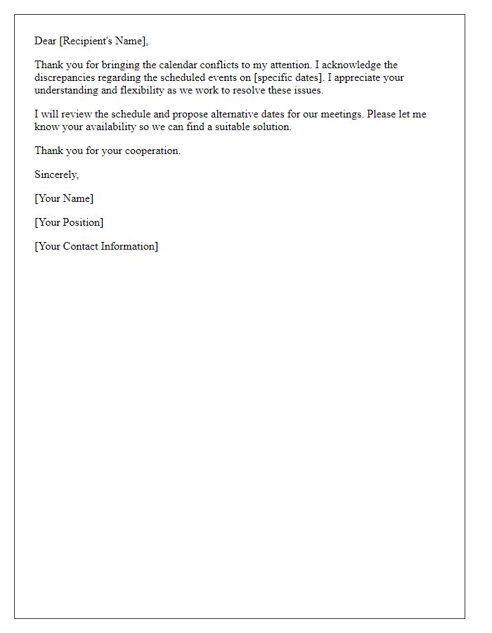 Letter template of acknowledgment for calendar conflicts