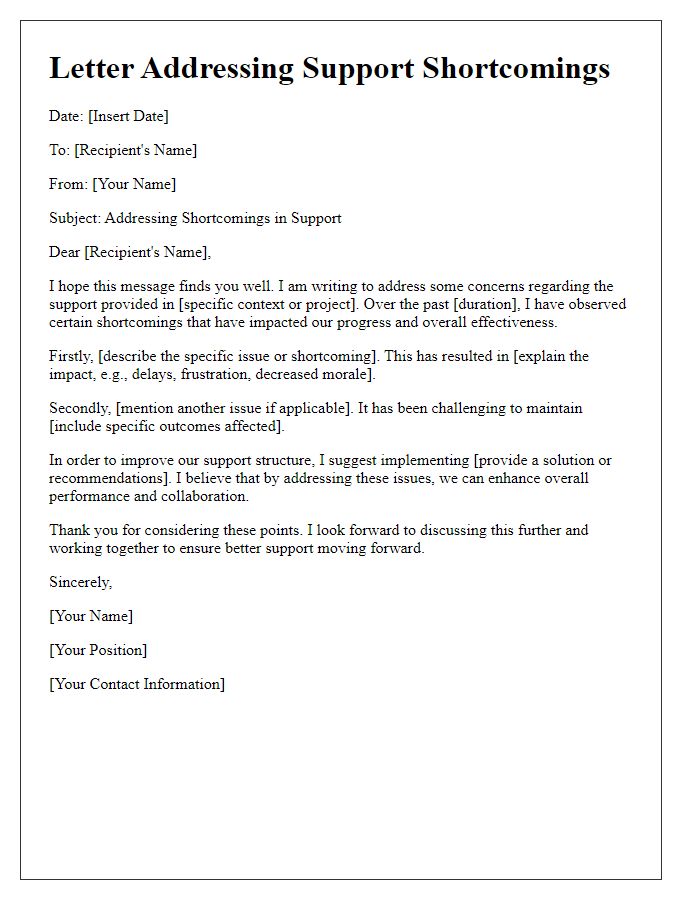 Letter template of addressing shortcomings in providing support.