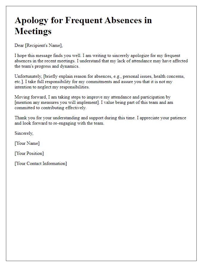 Letter template of apology for frequent absences in meetings