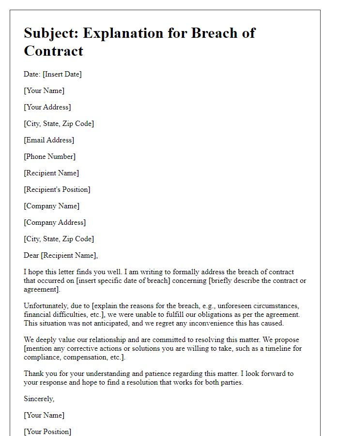 Letter template of explanation for breach of contract