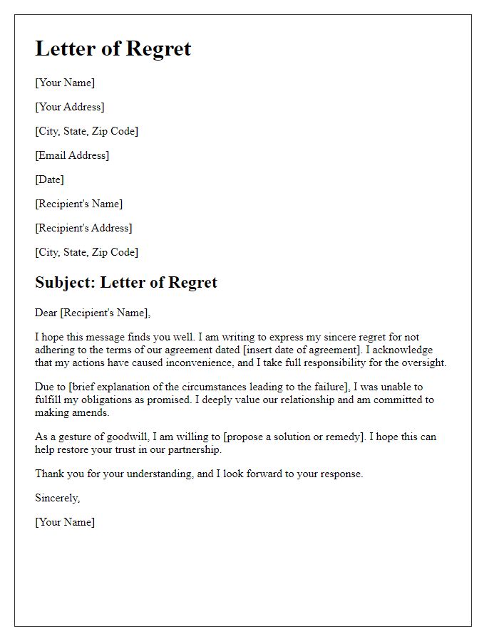 Letter template of regret for failing to adhere to agreement